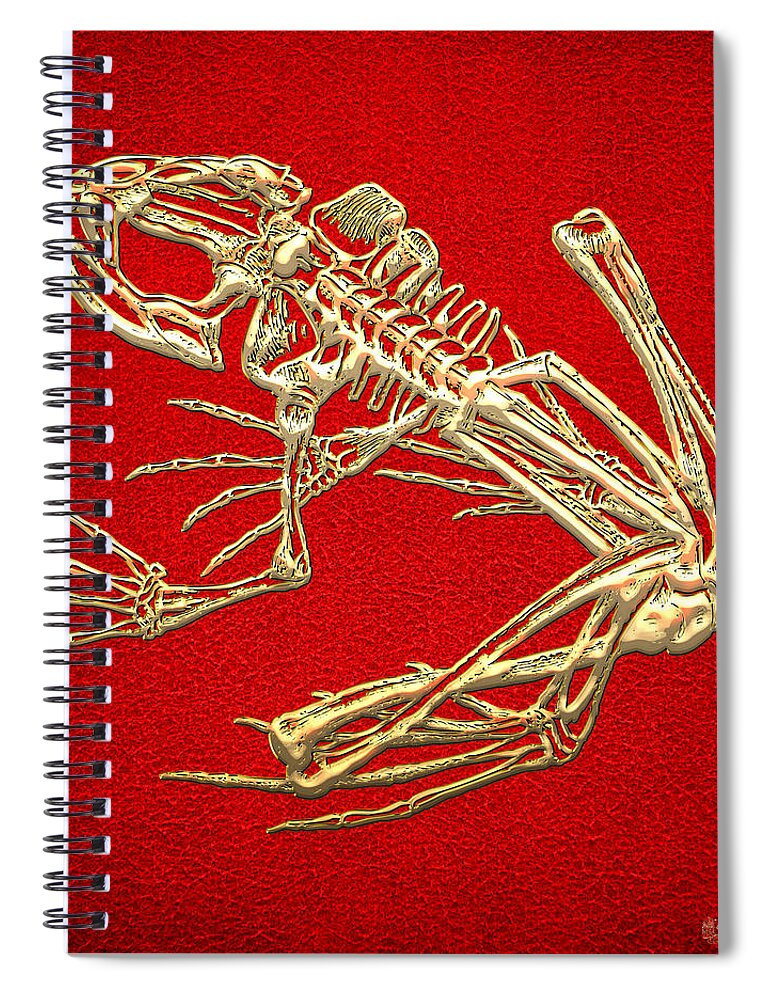 Precious Bones By Serge Averbukh Spiral Notebook featuring the photograph Gold Frog Skeleton On Red Leather by Serge Averbukh
