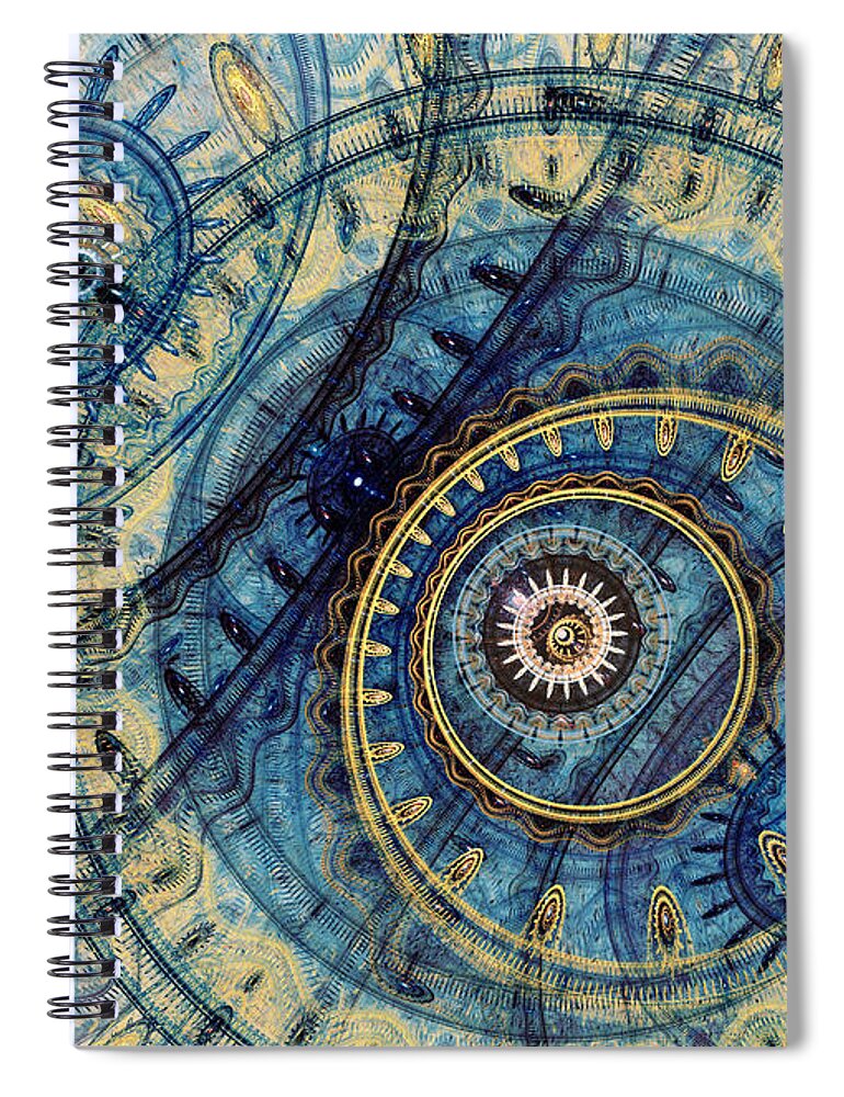 Abstract Spiral Notebook featuring the digital art Golden and blue clockwork by Martin Capek