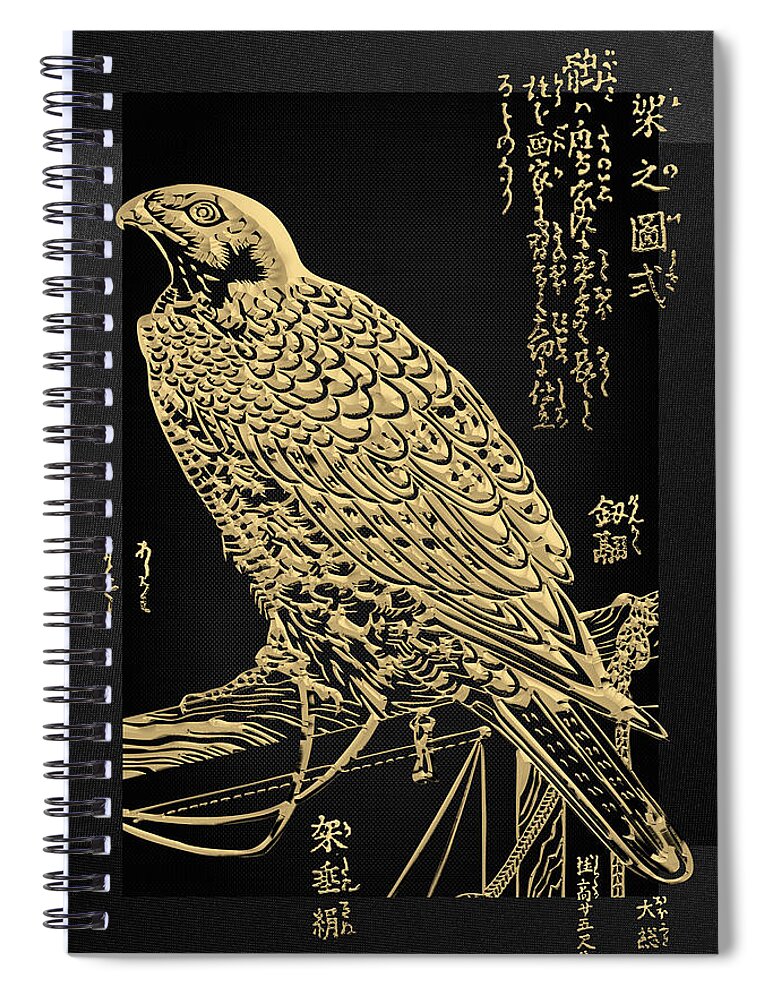 'treasures Of Japan' Collection By Serge Averbukh Spiral Notebook featuring the digital art Golden Japanese Peregrine Falcon on Black Canvas by Serge Averbukh