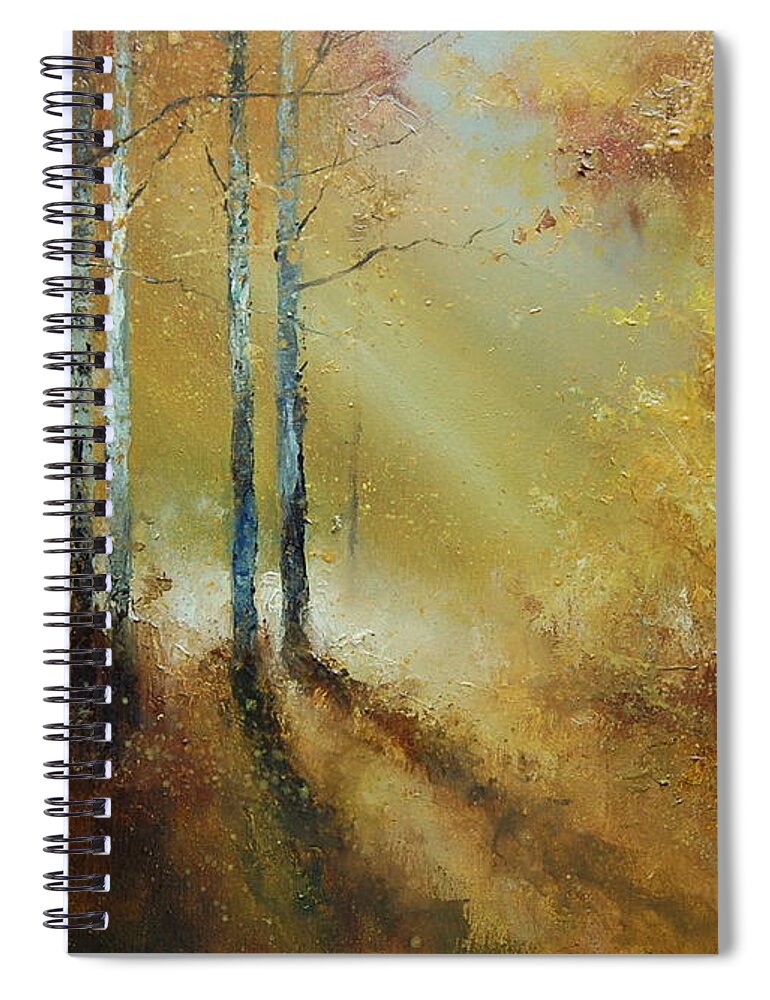 Russian Artists New Wave Spiral Notebook featuring the painting Golden Light in Autumn Woods by Igor Medvedev