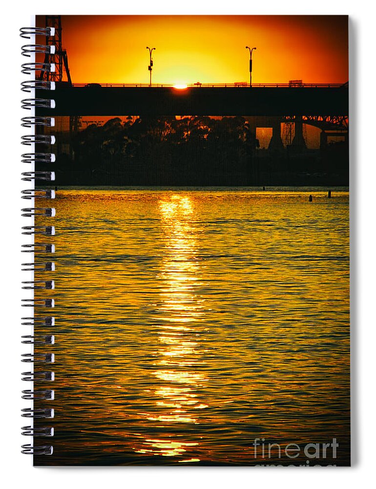 Golden Sunset Behind Bridge Spiral Notebook featuring the photograph Golden Sunset behind Bridge by Mariola Bitner