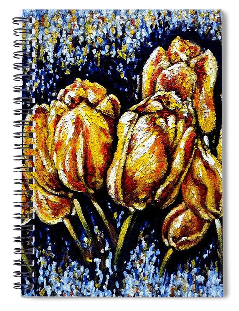 Tulips Spiral Notebook featuring the painting Golden Tulips by Harsh Malik