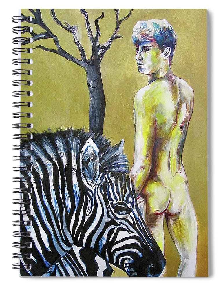 Zebra Spiral Notebook featuring the painting Golden Zebra High Noon by Rene Capone