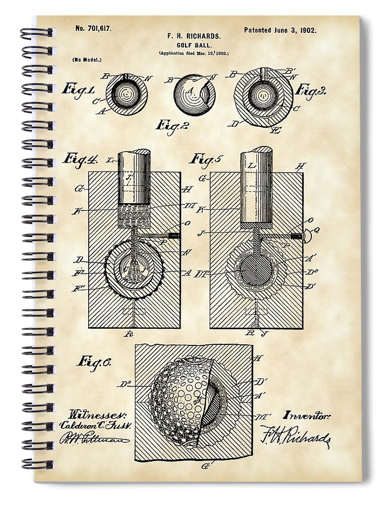 Patent Spiral Notebook featuring the digital art Golf Ball Patent 1902 - Vintage by Stephen Younts