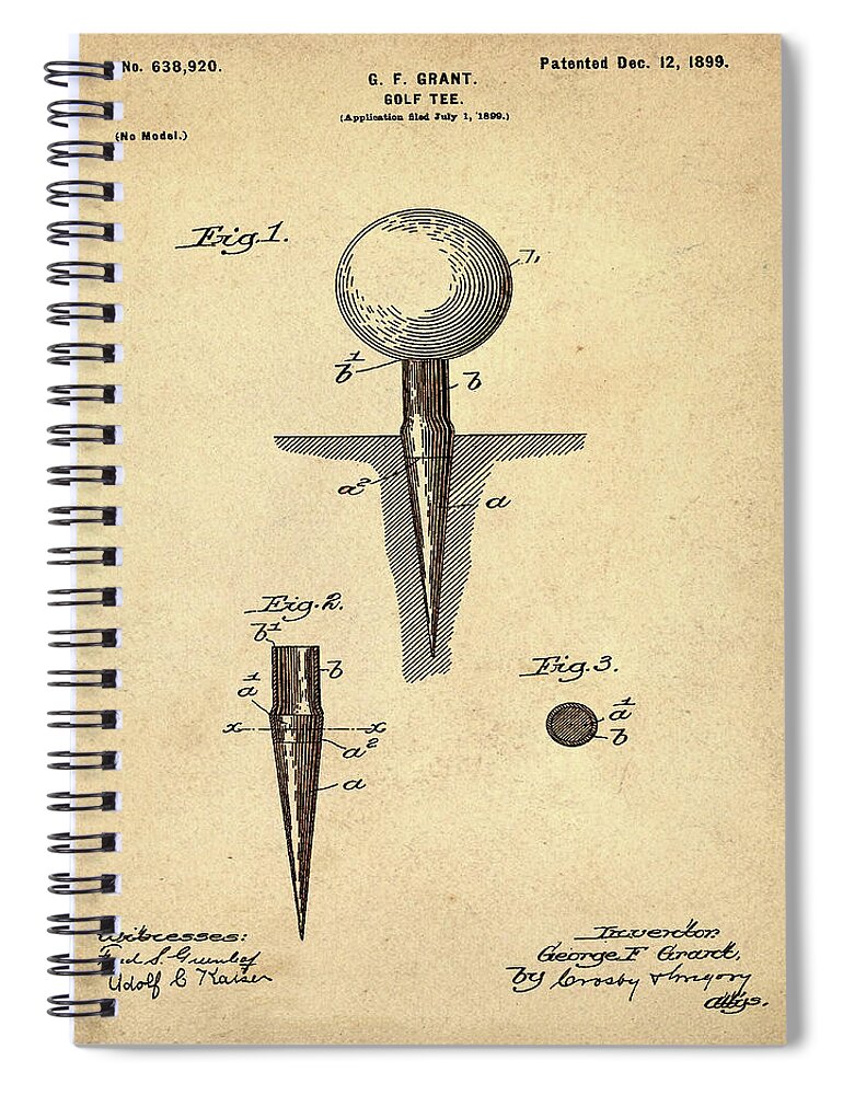 Golf Spiral Notebook featuring the photograph Golf Tee Patent 1899 Sepia by Bill Cannon