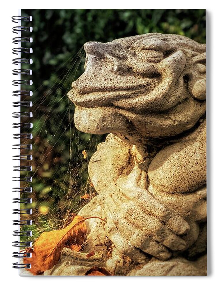 Gargoyle Spiral Notebook featuring the photograph Gothic Garden Gargoyle Statue Spider Webs by Melissa Bittinger