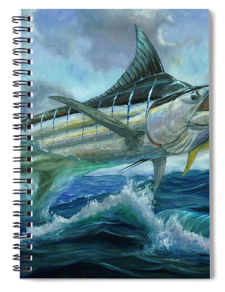 Blue Marlin Spiral Notebook featuring the painting Grand Blue Marlin Jumping eating Mahi Mahi by Terry Fox