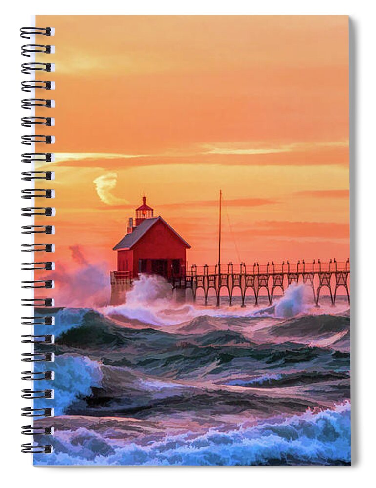 Grand Haven Spiral Notebook featuring the painting Grand Haven Lighthouses by Christopher Arndt