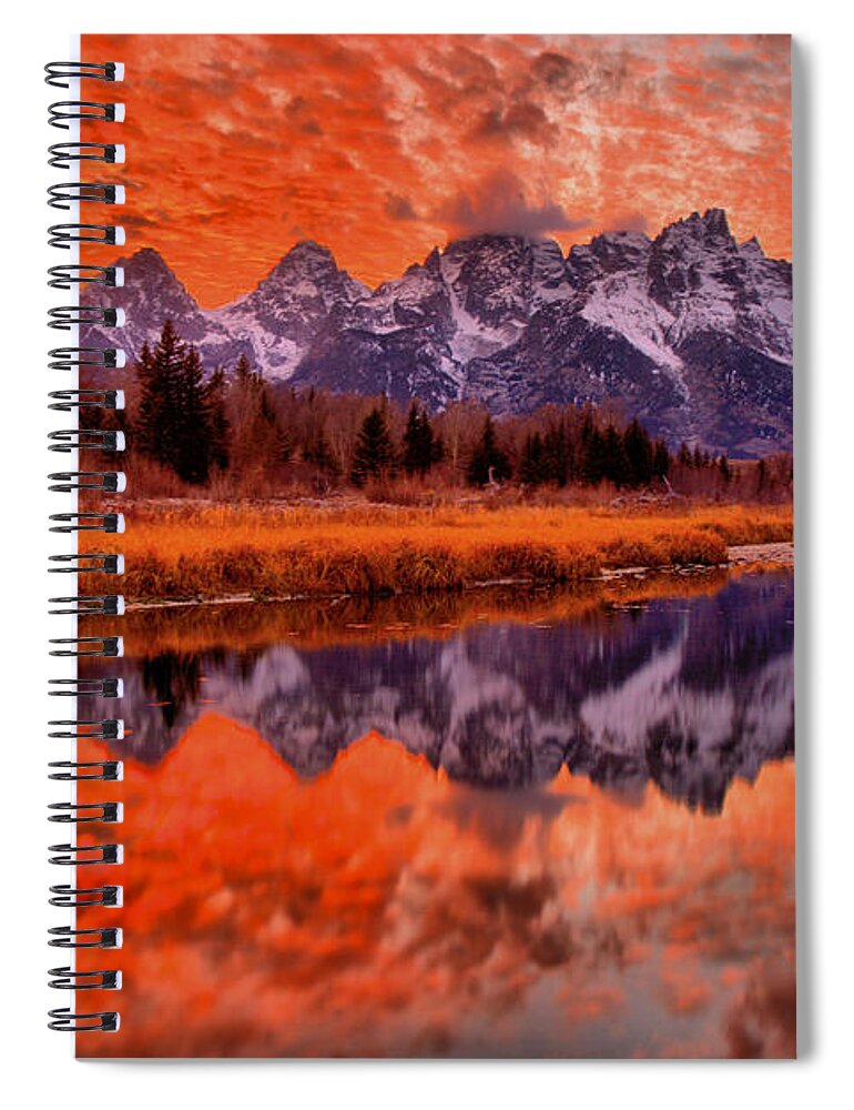 Schwabacher Landing Spiral Notebook featuring the photograph Grand Teton Orange Sunset by Adam Jewell
