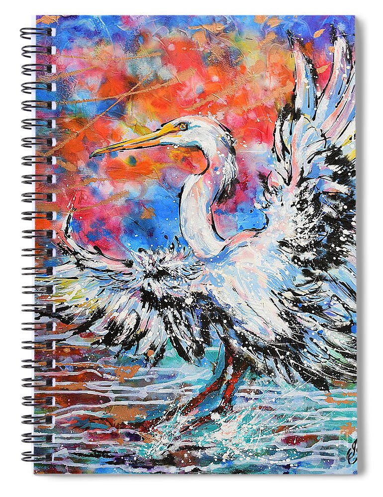  Spiral Notebook featuring the painting Great Egret Sunset Glory by Jyotika Shroff