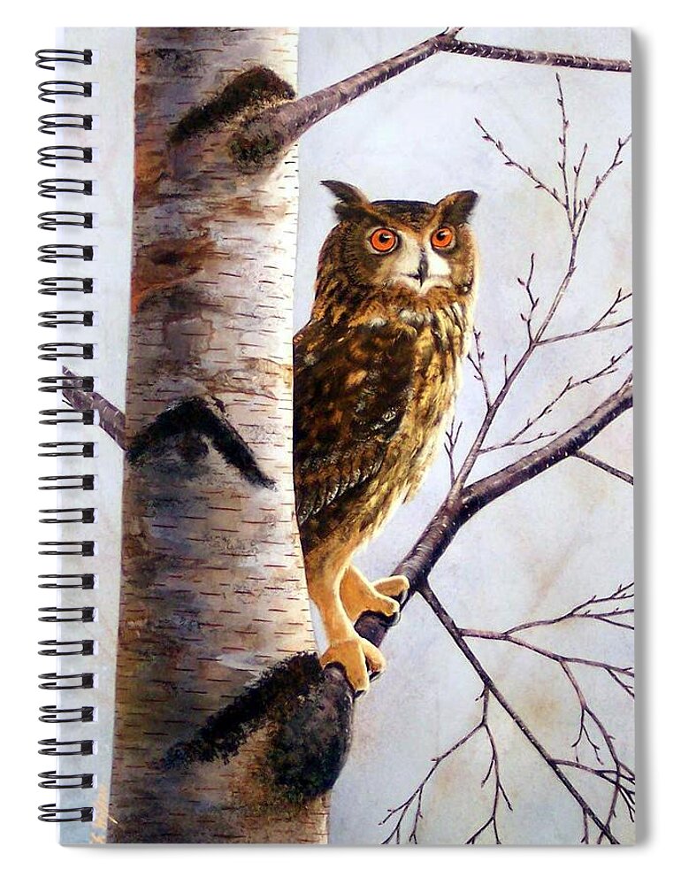 Great Horned Owl In Birch Spiral Notebook featuring the painting Great Horned Owl In Birch by Frank Wilson