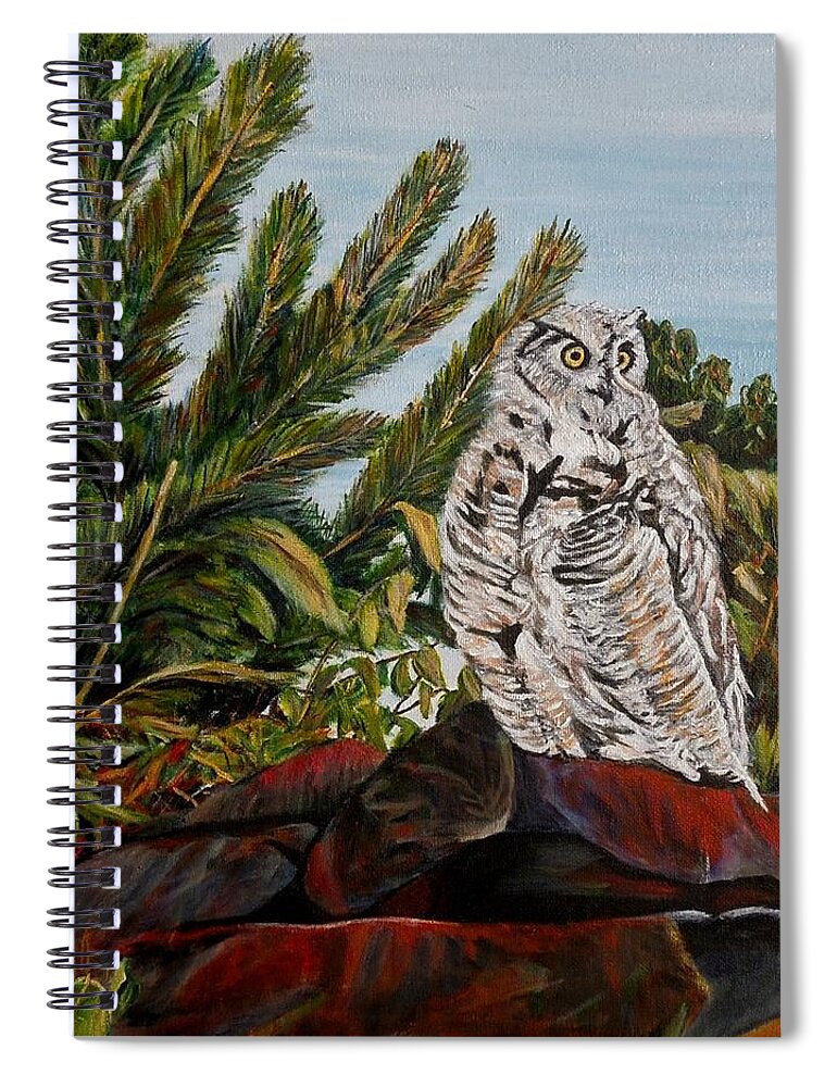 Great Horned Owl Spiral Notebook featuring the painting Great Horned Owl - Owl on the rocks by Marilyn McNish