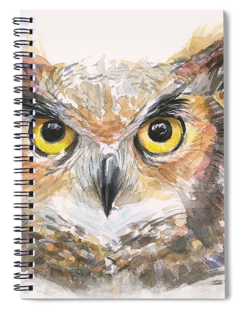 Owl Spiral Notebook featuring the painting Great Horned Owl Watercolor by Olga Shvartsur