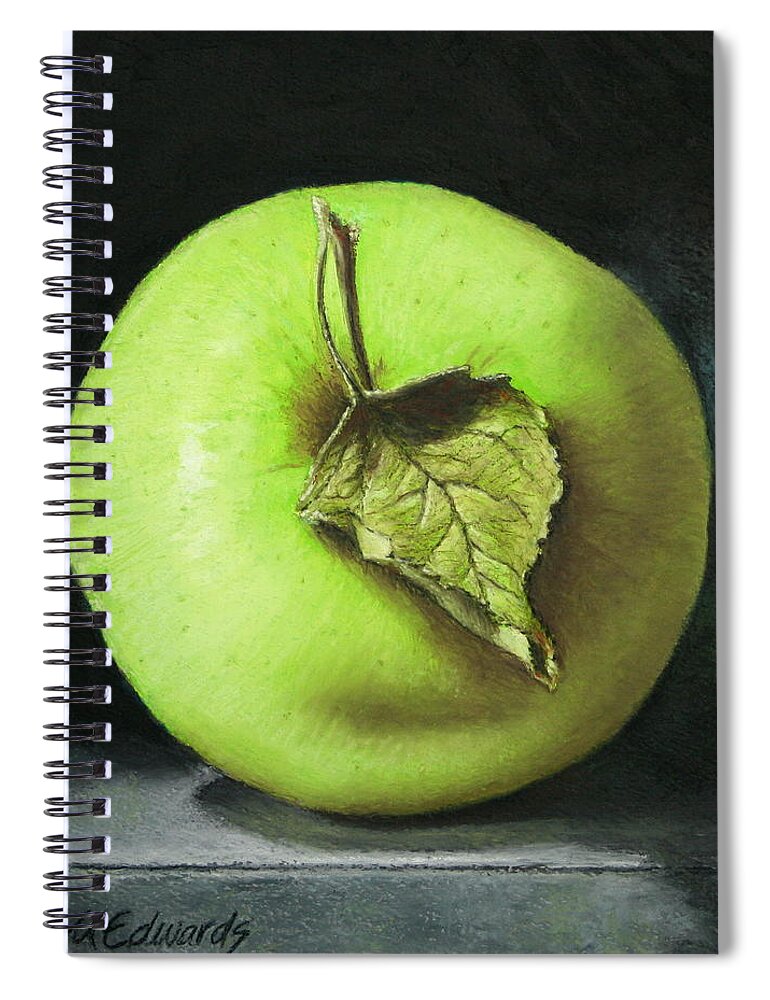 Oil Pastel Spiral Notebook featuring the painting Green Apple with Leaf by Marna Edwards Flavell