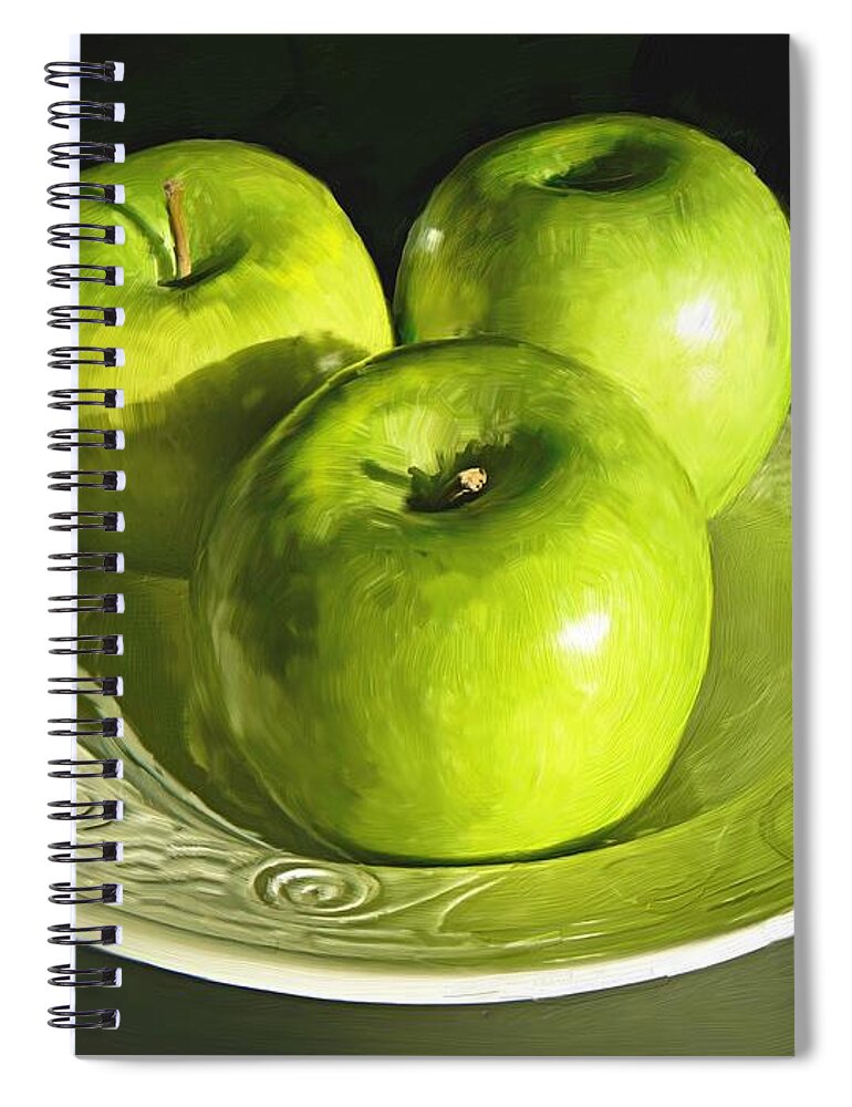 Apple Spiral Notebook featuring the digital art Green apples in a white bowl by Debra Baldwin