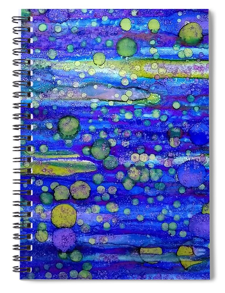 Alcohol Ink Prints Spiral Notebook featuring the painting Green Bubbles In a Purple Sea by Betsy Carlson Cross