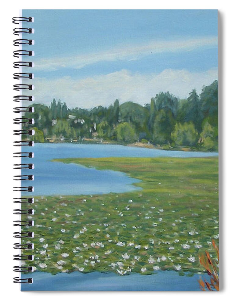 Landscape Spiral Notebook featuring the painting Green Lake Lilies by Stan Chraminski