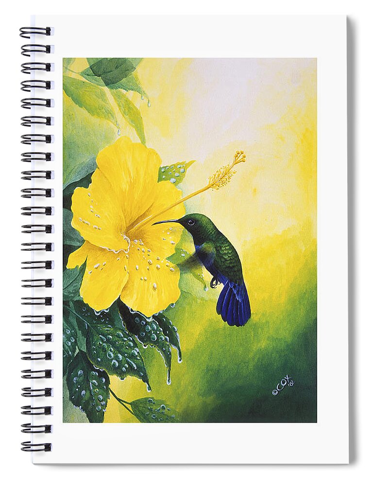 Chris Cox Spiral Notebook featuring the painting Green-throated Carib Hummingbird and yellow hibiscus by Christopher Cox