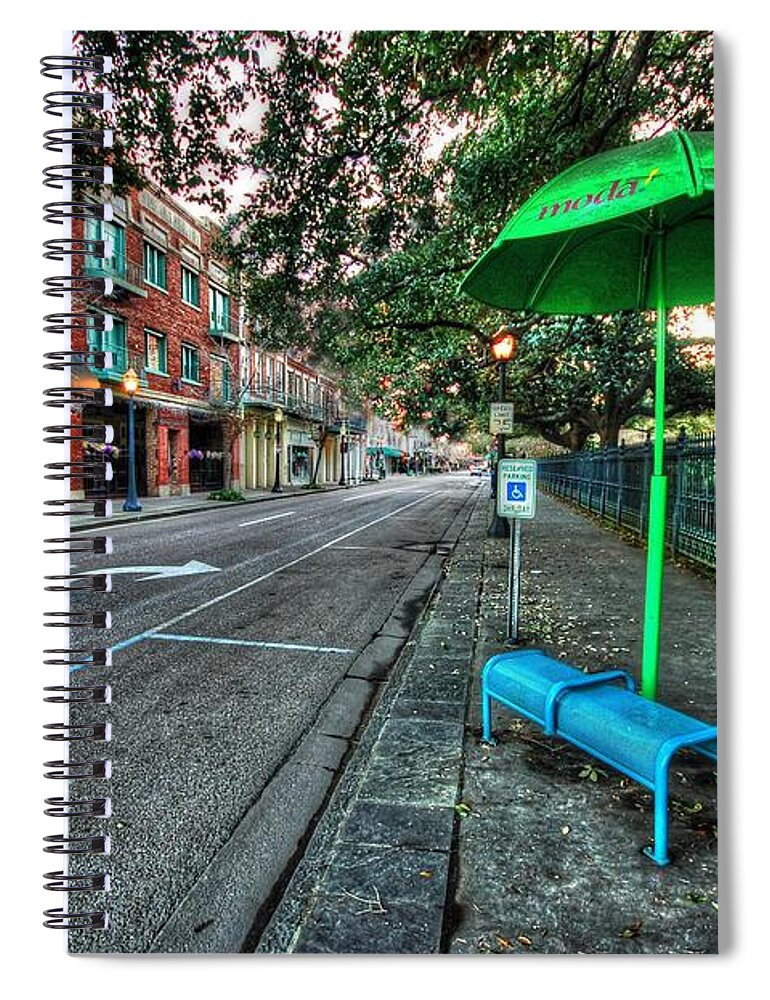 Alabama Spiral Notebook featuring the digital art Green Umbrella Bus Stop by Michael Thomas