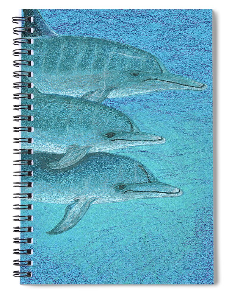 Dolphins Spiral Notebook featuring the drawing Greetings by Anne Katzeff