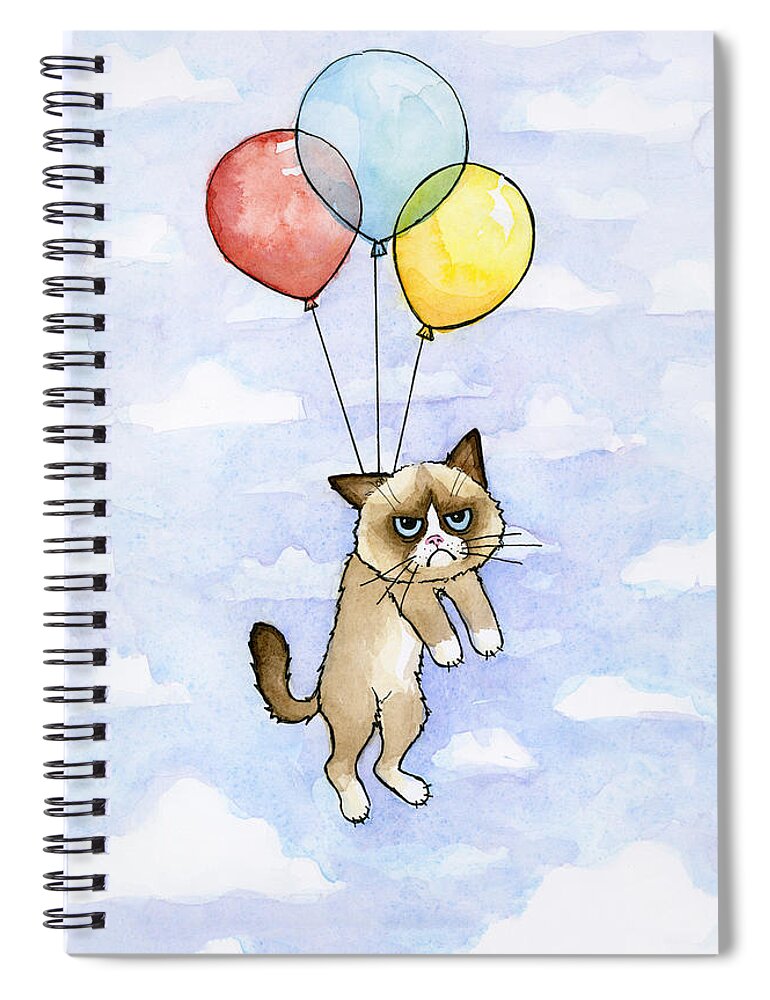 Grumpy Spiral Notebook featuring the painting Grumpy Cat and Balloons by Olga Shvartsur