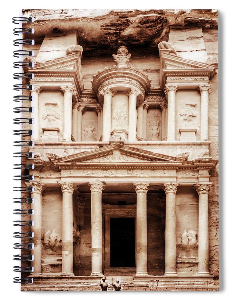 Petra Spiral Notebook featuring the photograph Guarding The Petra Treasury by Nicola Nobile