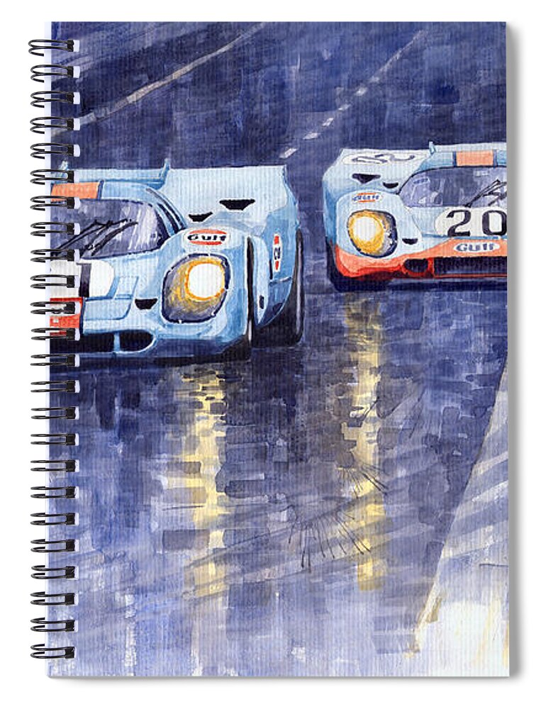 Shevchukart Spiral Notebook featuring the painting Gulf-Porsche 917 K Spa Francorchamps 1971 by Yuriy Shevchuk