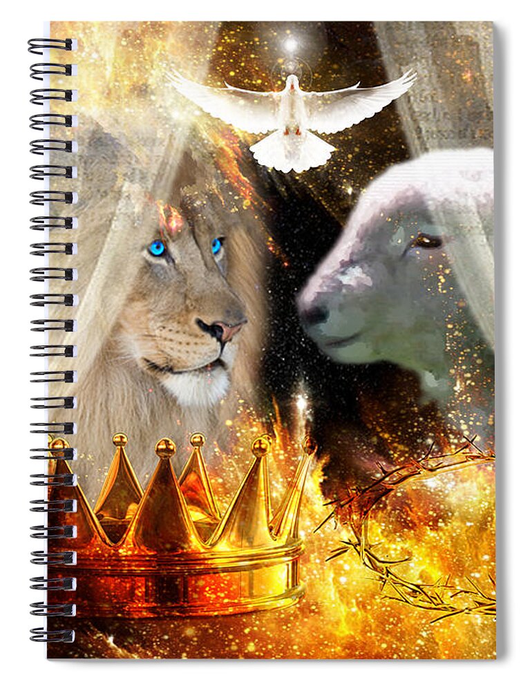 Lion Of Judah Lamb Of God Holy Spirit Spiral Notebook featuring the digital art Ha-shilush Ha-kadosh by Dolores Develde