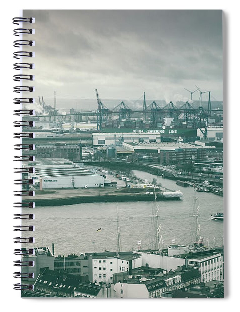 Monochtome Spiral Notebook featuring the photograph Hamburg Port by Marina Usmanskaya