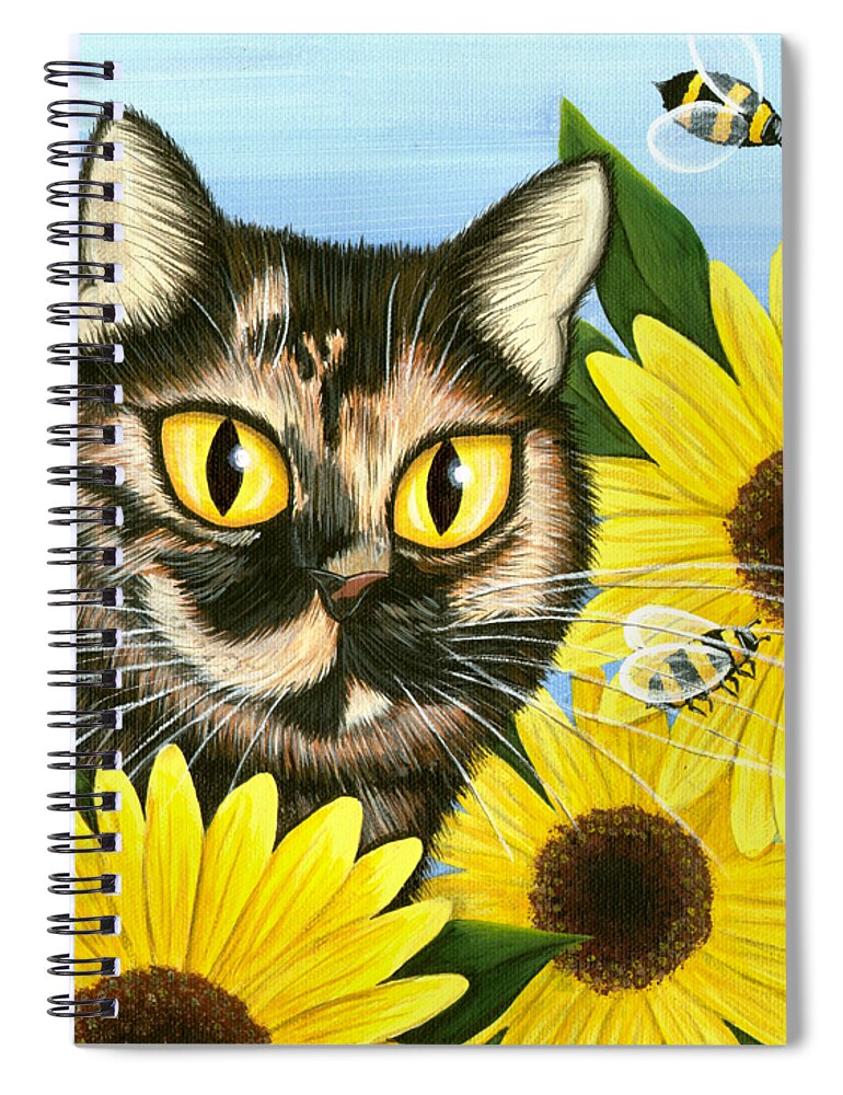 Tortoiseshell Cat Spiral Notebook featuring the painting Hannah Tortoiseshell Cat Sunflowers by Carrie Hawks