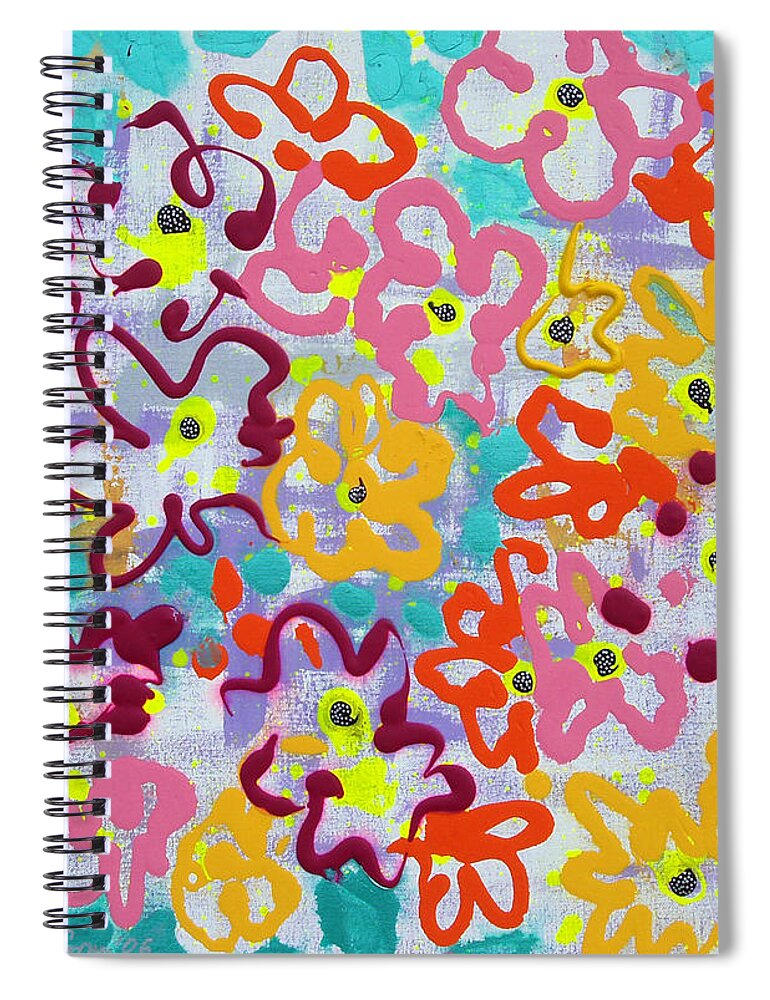 Abstract Spiral Notebook featuring the painting Happy Abstract Flowers by Gina De Gorna