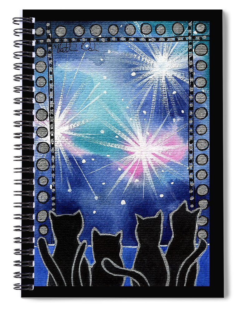 Cat Spiral Notebook featuring the painting Happy New Year Black Cat Card by Dora Hathazi Mendes