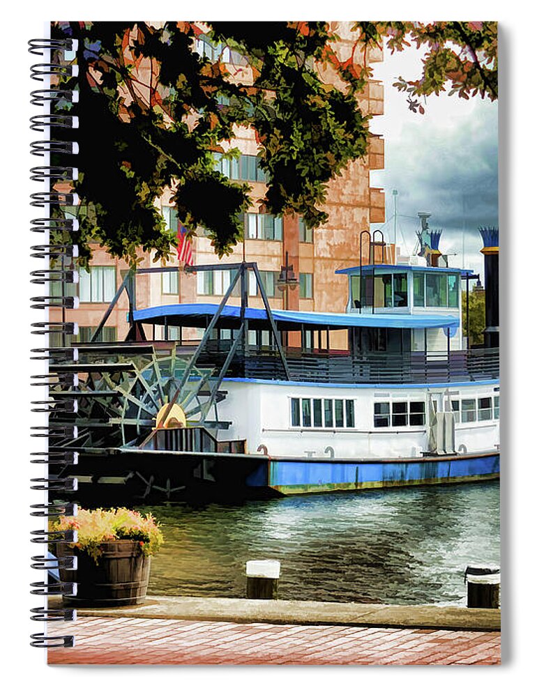 Harbor Park Ferry Spiral Notebook featuring the painting Harbor Park Ferry 5 by Jeelan Clark