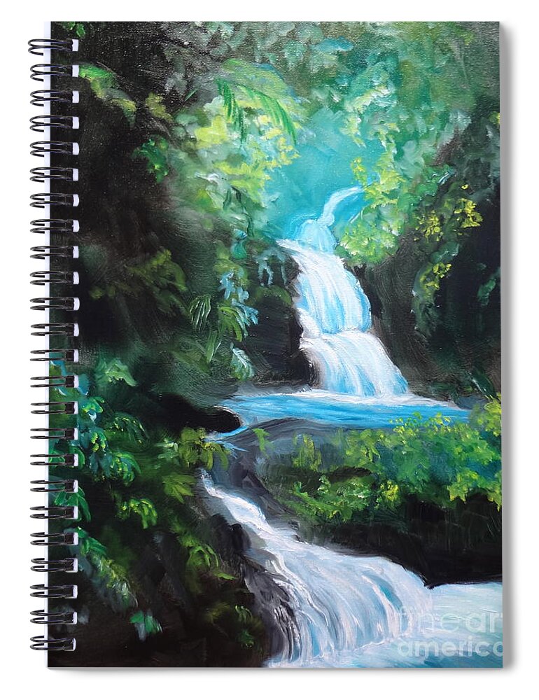 Waterfalls Spiral Notebook featuring the painting Hawaiian Waterfalls by Jenny Lee