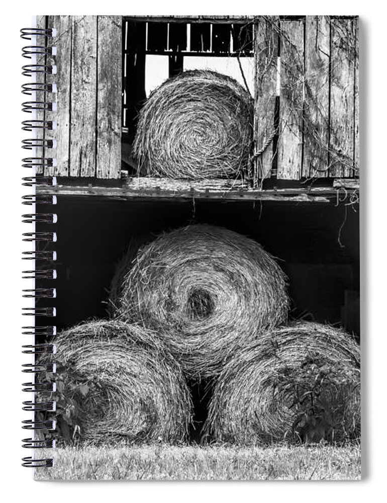  Spiral Notebook featuring the photograph Hay Bales Rustic Architecture Black and White by Melissa Bittinger