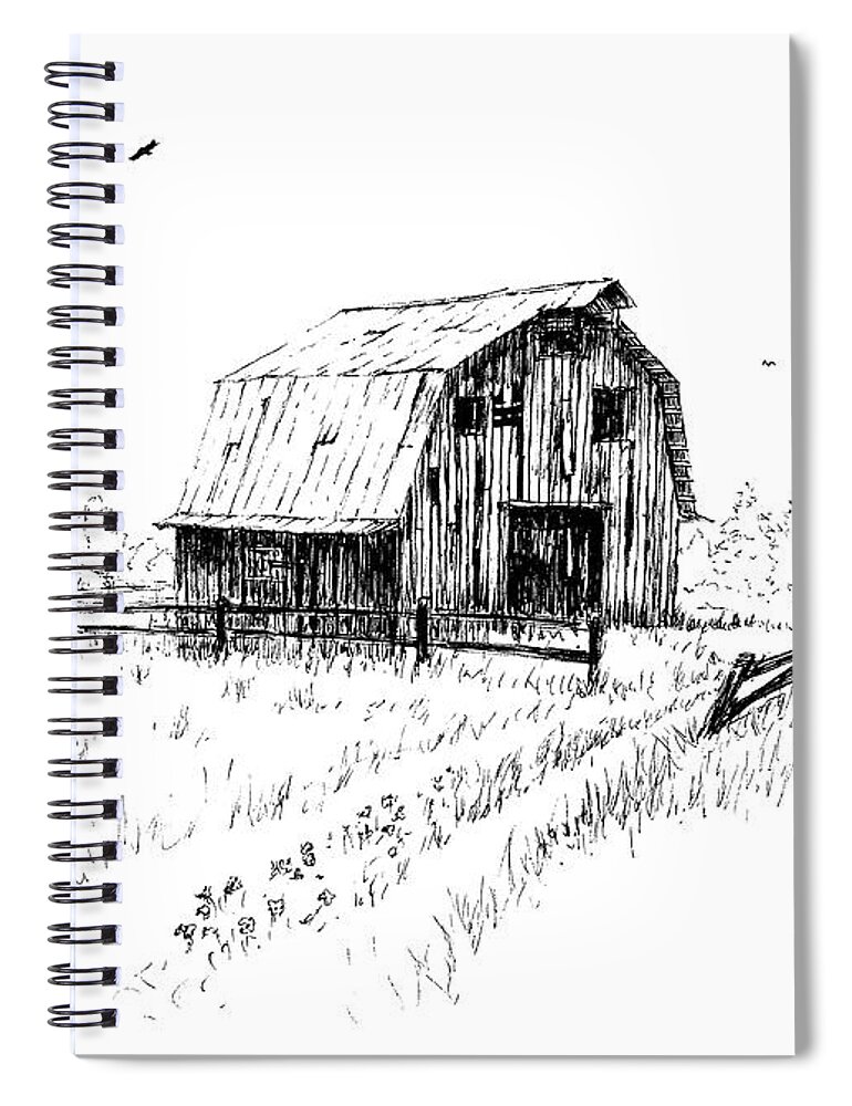 Hay Spiral Notebook featuring the drawing Hay Barn with Broken Gate by Randy Welborn