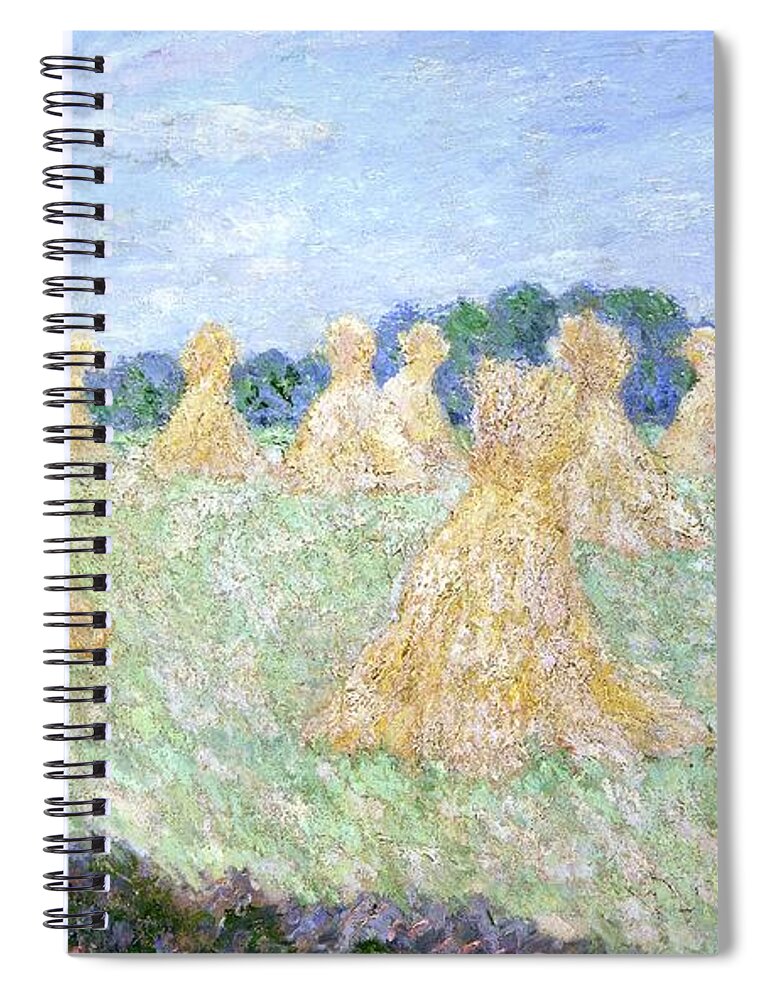 Haystacks Spiral Notebook featuring the painting Haystacks The young Ladies of Giverny Sun Effect by Claude Monet