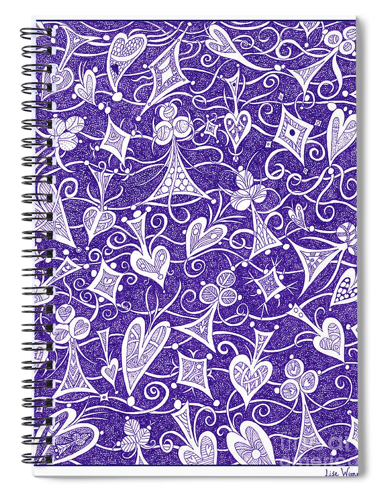 Lise Winne Spiral Notebook featuring the drawing Hearts, Spades, Diamonds And Clubs In Purple by Lise Winne