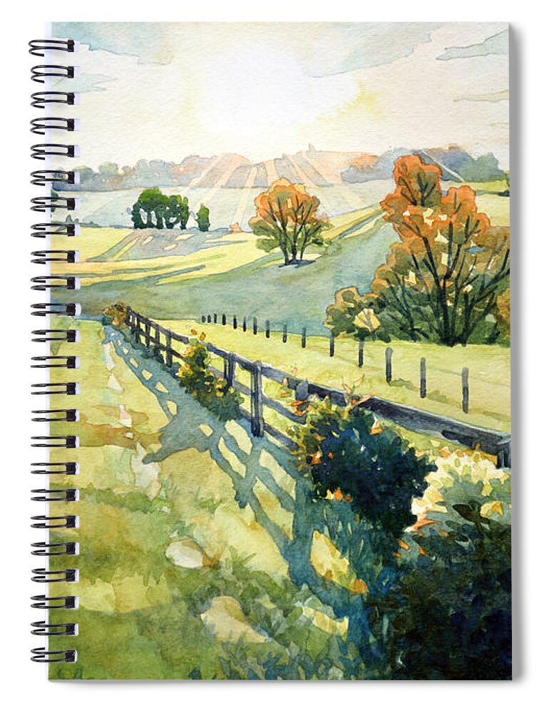 #nature #watercolor #landscape #watercolorpainting #sunset #rollinghills #art #artist #painting #maryland #country #farm Spiral Notebook featuring the painting Heavenly Light by Mick Williams