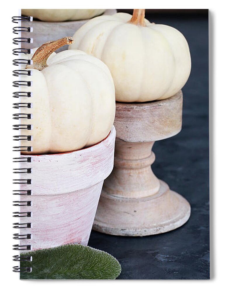 Thanksgiving Spiral Notebook featuring the photograph Heirloom and Mini Pumpkins on Rustic Table by Stephanie Frey