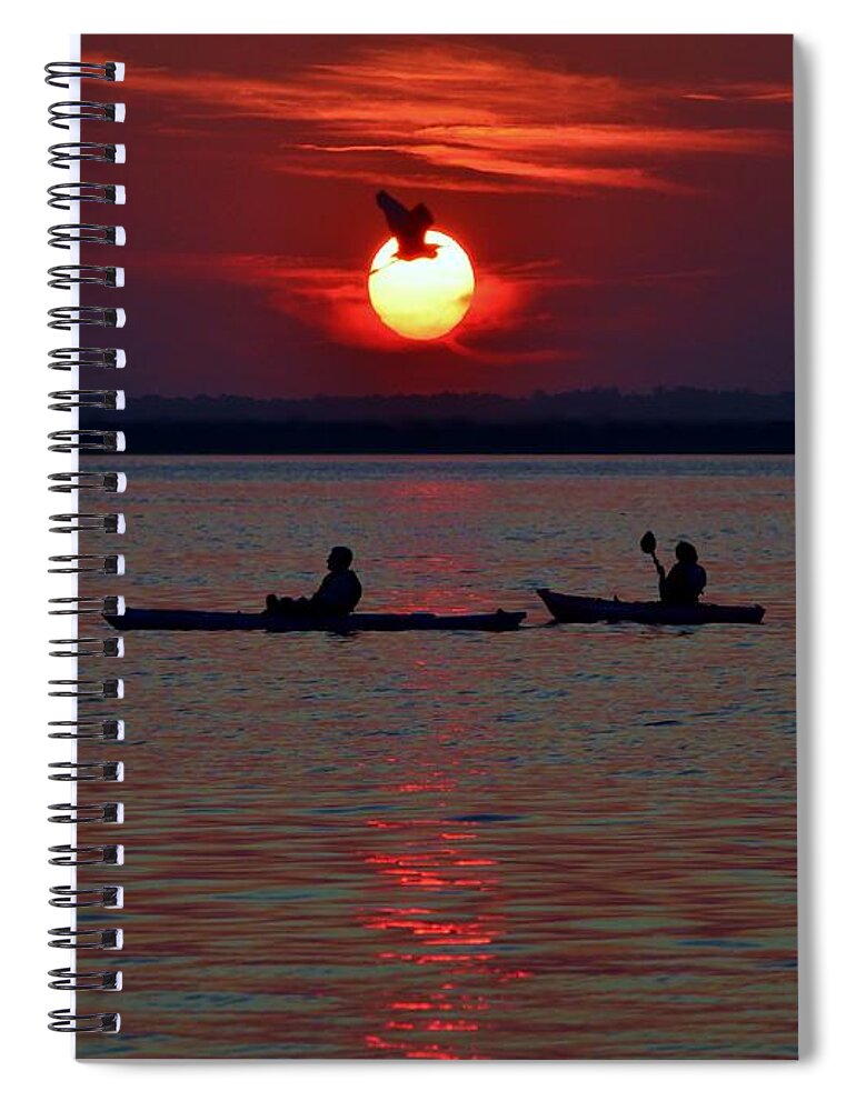 Beach Bum Pics Spiral Notebook featuring the photograph Heron and Kayakers Sunset by Billy Beck