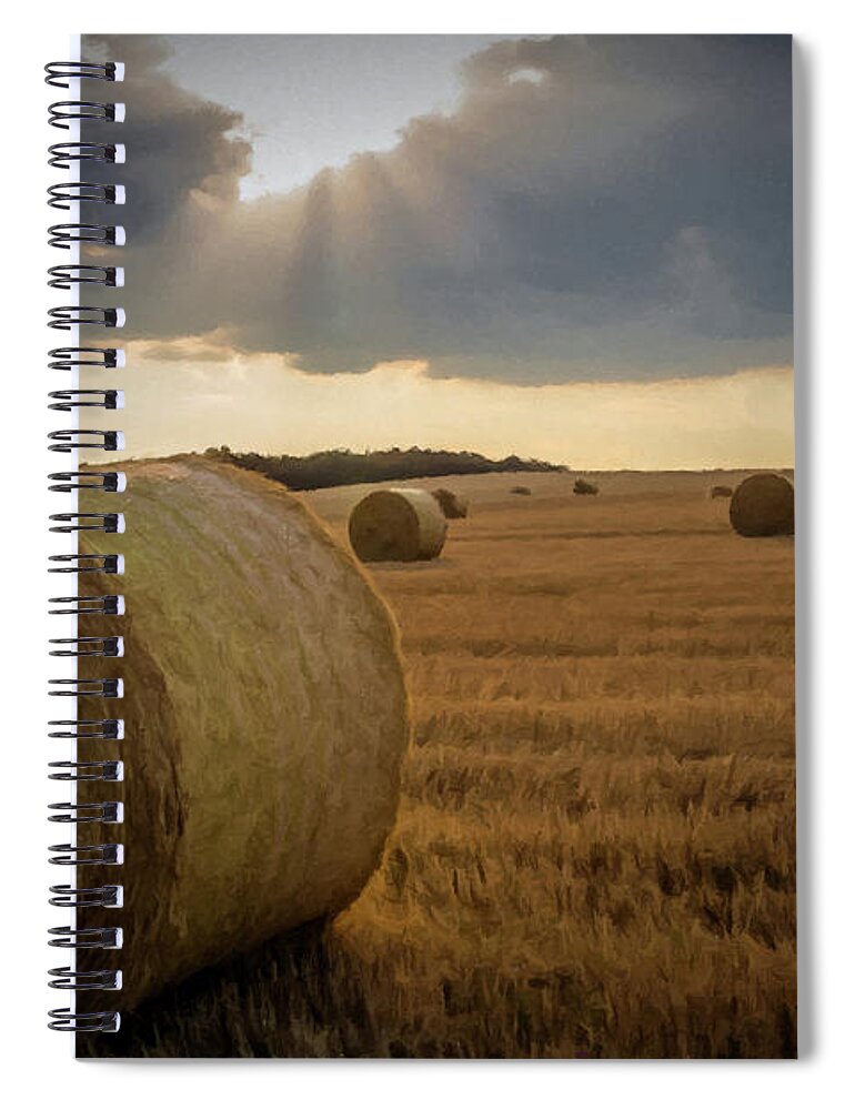 Field Spiral Notebook featuring the photograph Hey Bales and Sun Rays by David Dehner