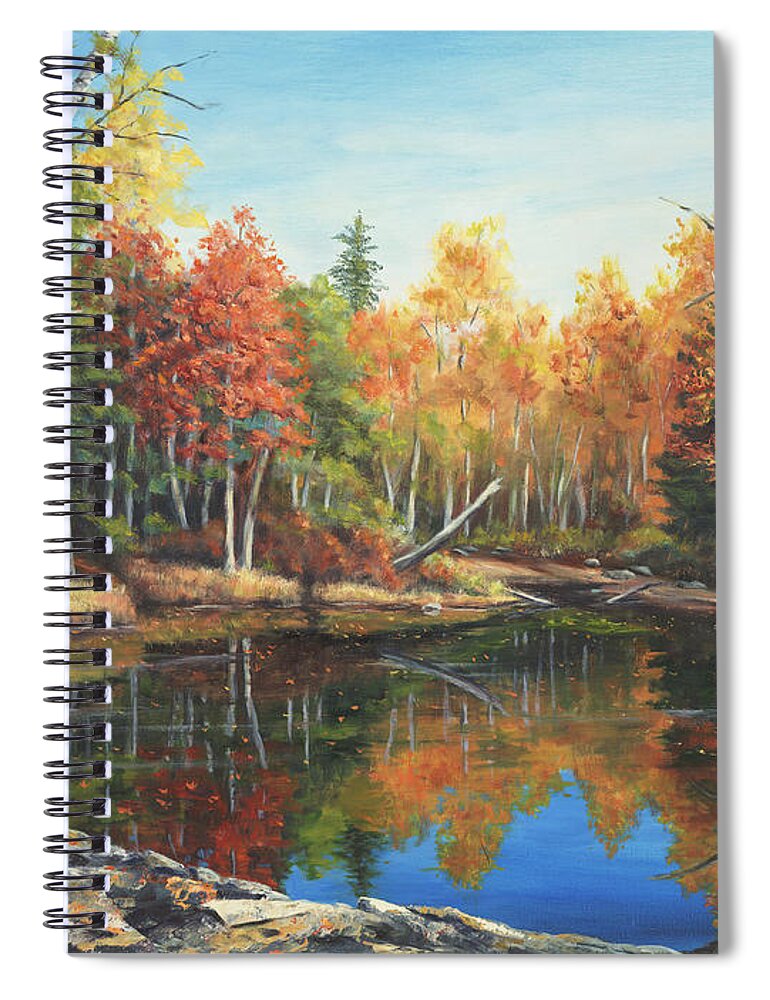 Pond Spiral Notebook featuring the painting White Birch tree at Hidden Pond, Strafford, New Hampshire by Elaine Farmer