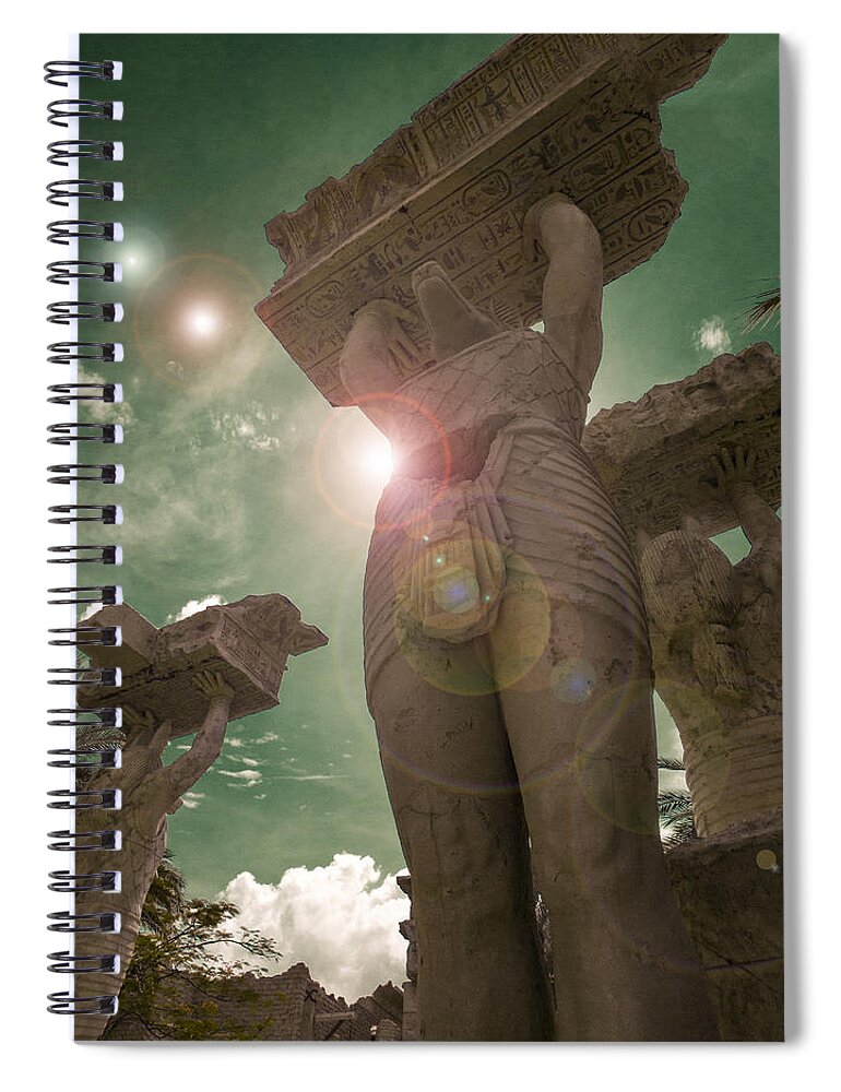 Art; Brown; Cloud; Concrete; Digital; Eerie; Grain; Green; Perspective; Sculpture; Star; Statue; Stone; Strange; Sun; Sunny; Sunshine; Tall; Texture; Up; Weird; Lens Flare Spiral Notebook featuring the photograph Hiding From the Hostile Suns by Steve Taylor