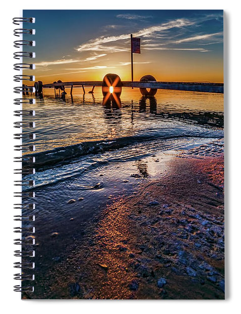 Sunflare Spiral Notebook featuring the photograph Higgins Lake Maplehurst Dock Sunflare by Joe Holley