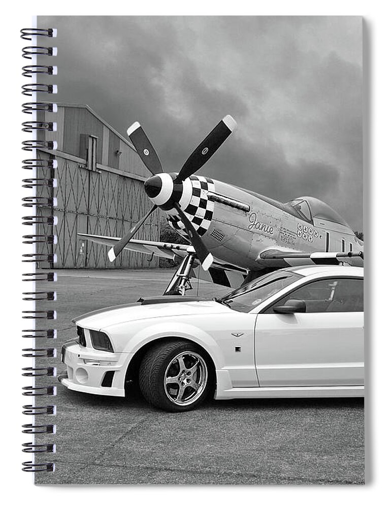 P-51 Spiral Notebook featuring the photograph High Flyers - Mustang and P51 in Black and White by Gill Billington