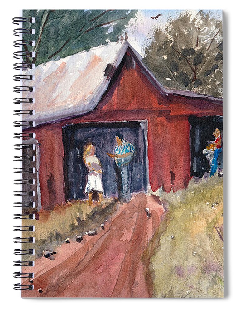 Hillside Talk Spiral Notebook featuring the painting Hillside Talk - Rural Barn - Landscape by Barry Jones