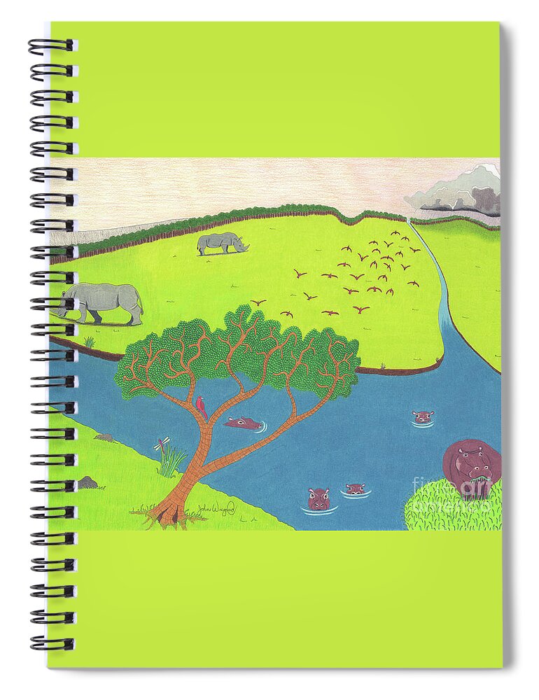 Africa Spiral Notebook featuring the drawing Hippo Awareness by John Wiegand