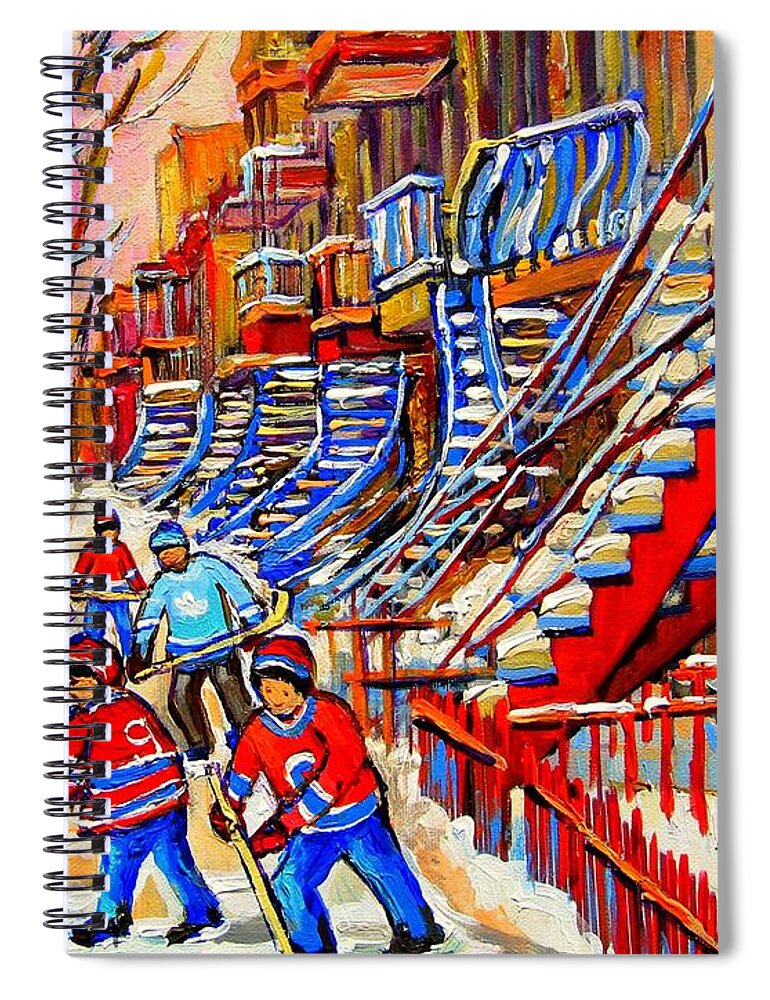 Montreal City Spiral Notebook featuring the painting Hockey Game Near The Red Staircase by Carole Spandau
