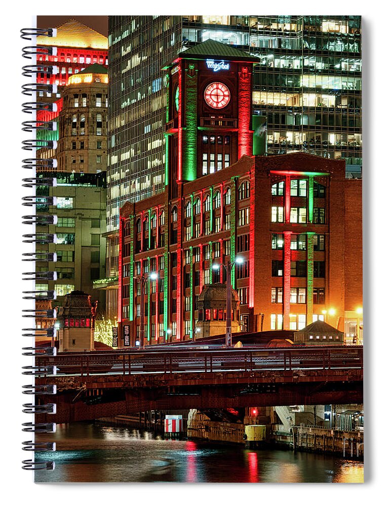 Chicago Spiral Notebook featuring the photograph Holiday colors along Chicago River by Izet Kapetanovic